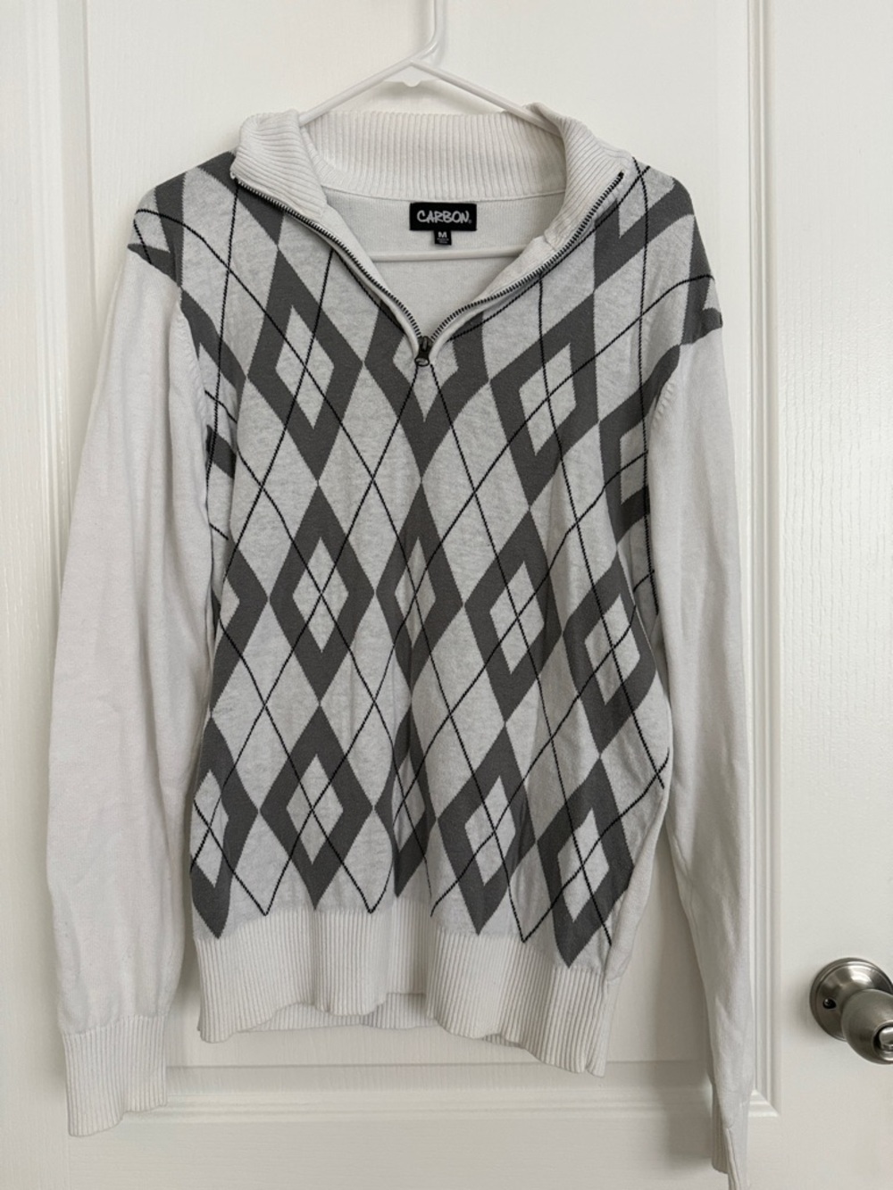 Carbon Women's Zip-Front Argyle Pullover - White & Gray (M)